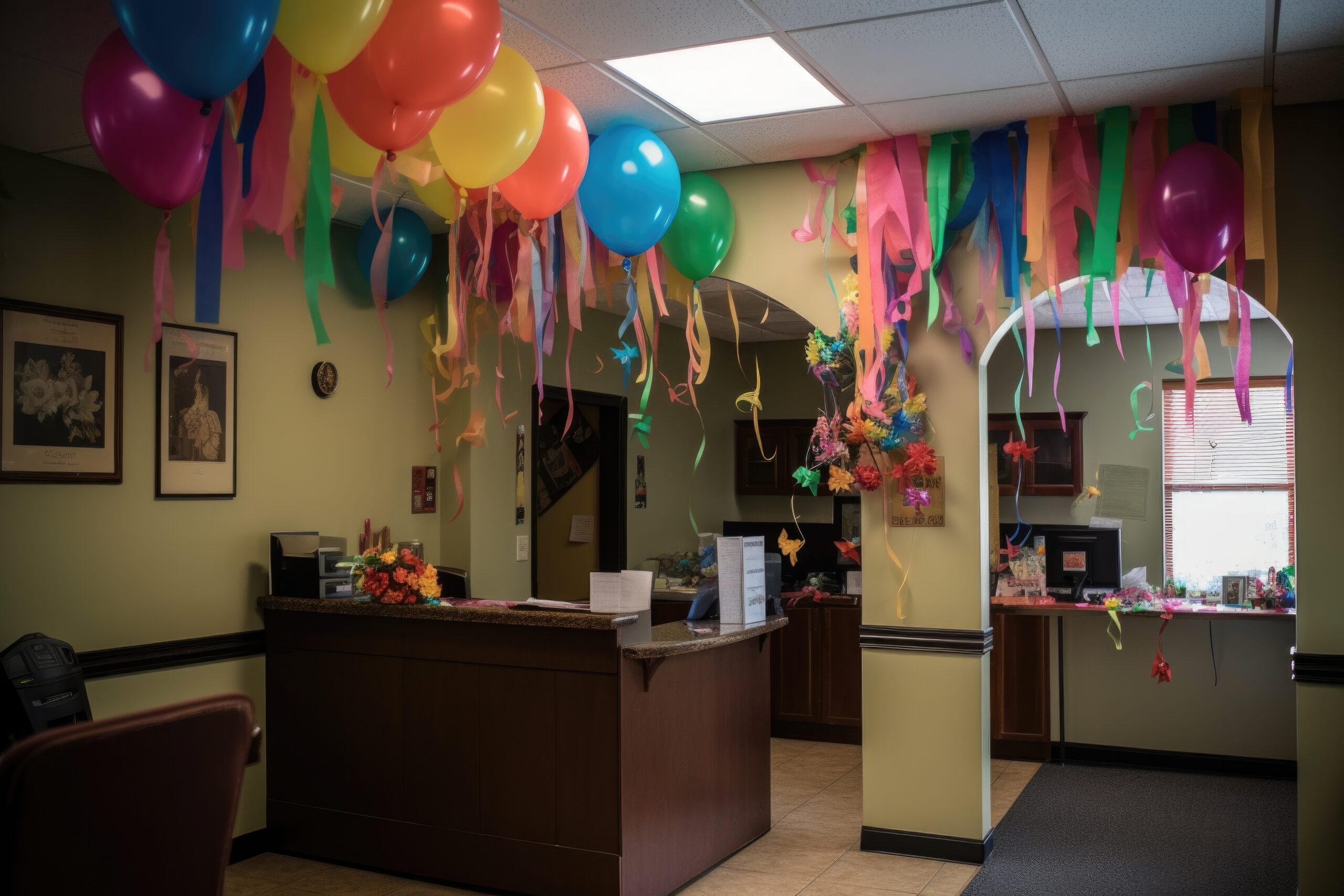 colorful balloons and streamers decorate the reception area colorful balloons and streamers decorate the reception area, created with generative ai