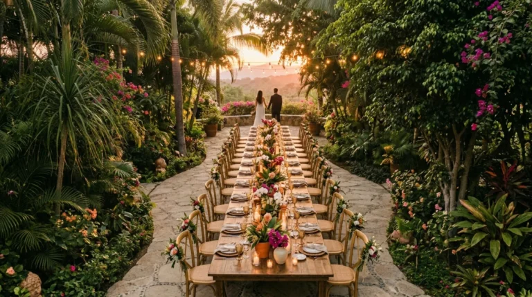 Vista aérea de mesa de banquete nupcial en jardín natural mexicano con pareja de novios al fondo y montañas en el horizonte