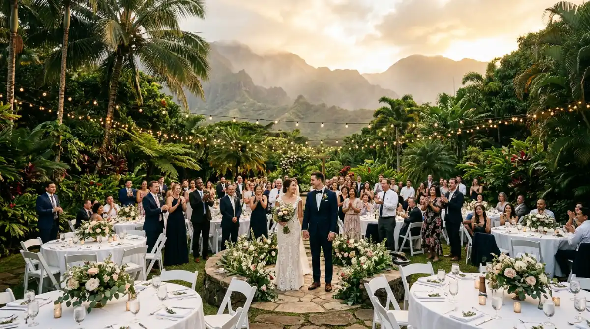 Pareja de novios celebrando su boda en un jardín con montañas al fondo, venue destino cerca de la Ciudad de México