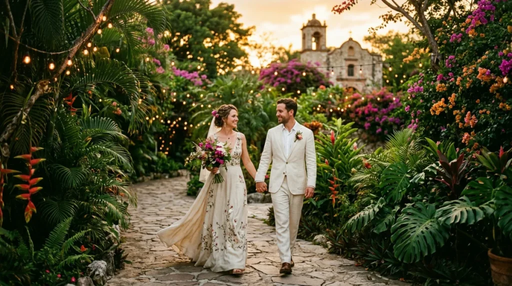 Pareja de novios caminando en jardín natural privado durante boda destino en México al atardecer