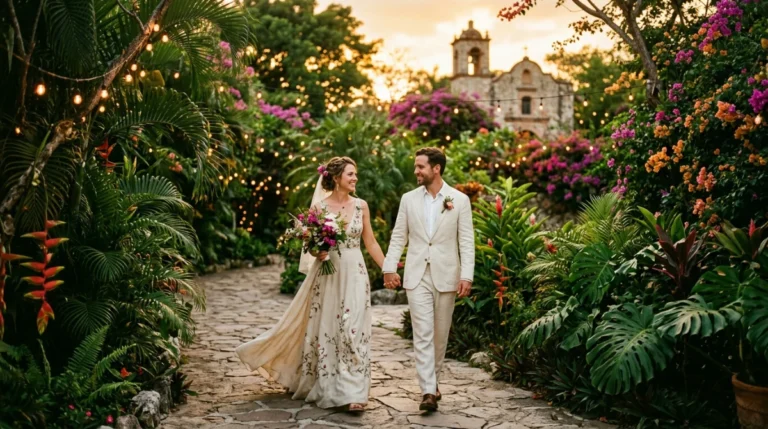 Bride and groom walking in a private natural garden during a destination wedding in Mexico at sunset