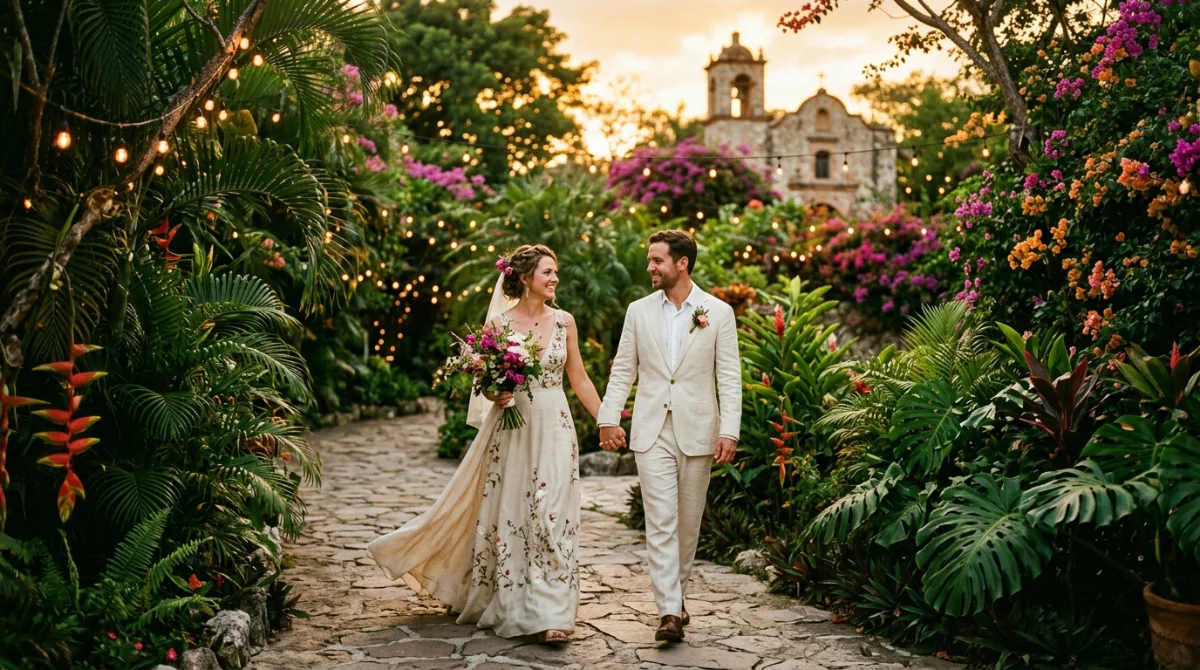Pareja de novios caminando en jardín natural privado durante boda destino en México al atardecer