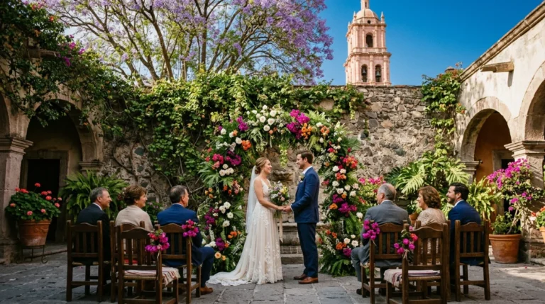 Outdoor wedding ceremony in a colonial courtyard with a floral arch in a Mexican Magical Town