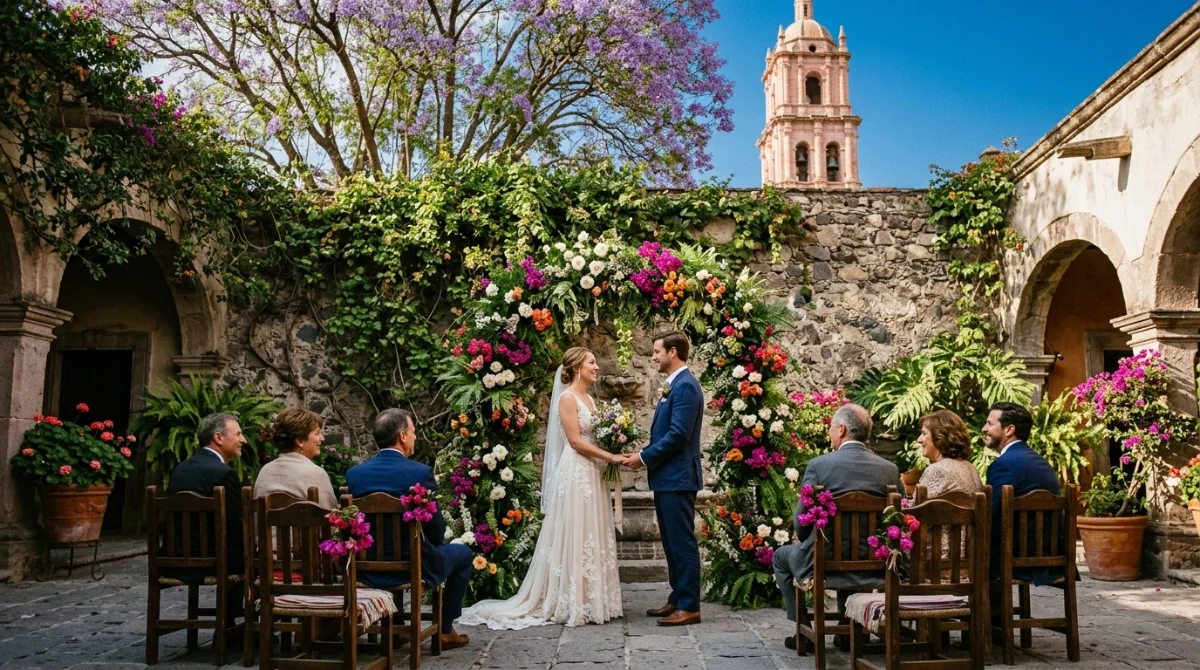 Ceremonia de boda al aire libre en patio colonial con arco floral en pueblo mágico de México
