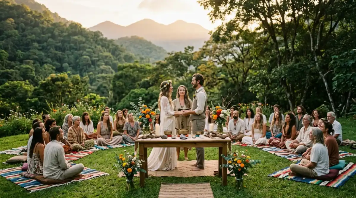 Couple at an outdoor holistic wedding ceremony surrounded by nature and mountains in Mexico