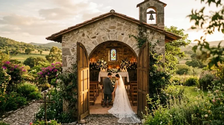 Pareja contrayendo matrimonio católico en una capilla de piedra dentro de un venue campestre fuera de la ciudad