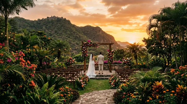 Bride and groom under a rustic floral arch in a private garden in Malinalco, with a hill in the background at sunset