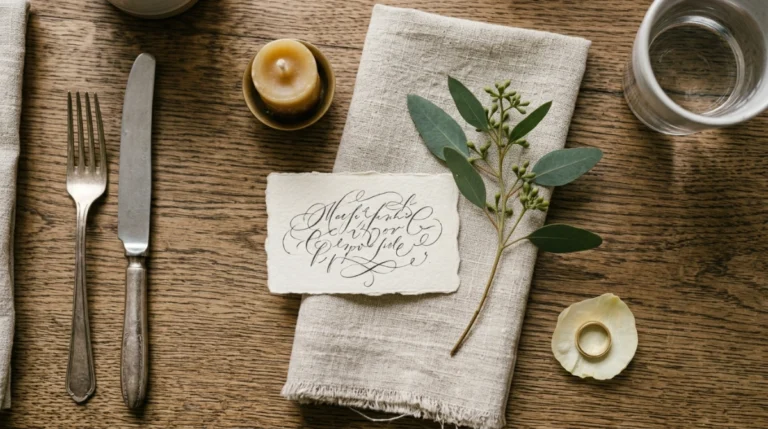 Macro de mesa de boda con tarjeta caligráfica, rama de eucalipto, vela de cera y anillo dorado sobre madera natural