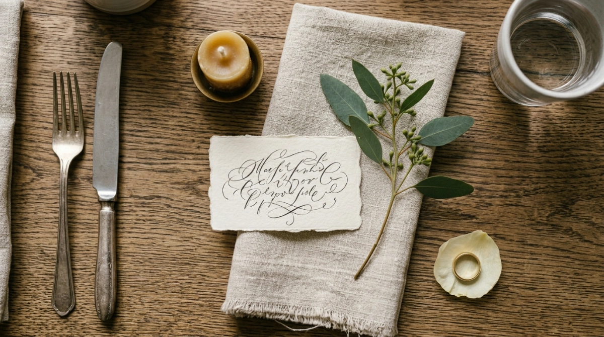 Macro de mesa de boda con tarjeta caligráfica, rama de eucalipto, vela de cera y anillo dorado sobre madera natural
