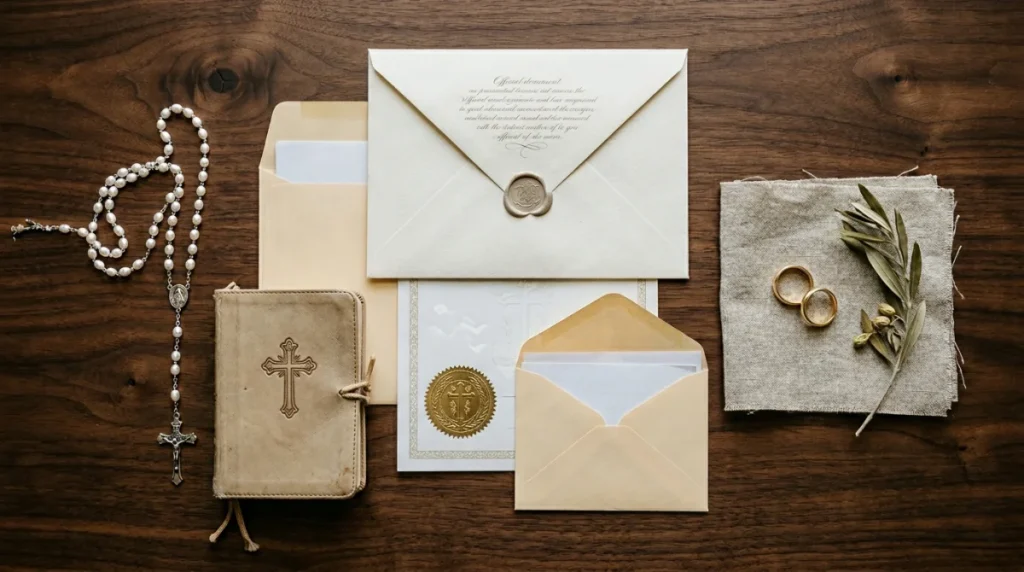 Flatlay con documentos oficiales, rosario, anillos de boda y biblia sobre madera oscura representando los requisitos para boda católica en México