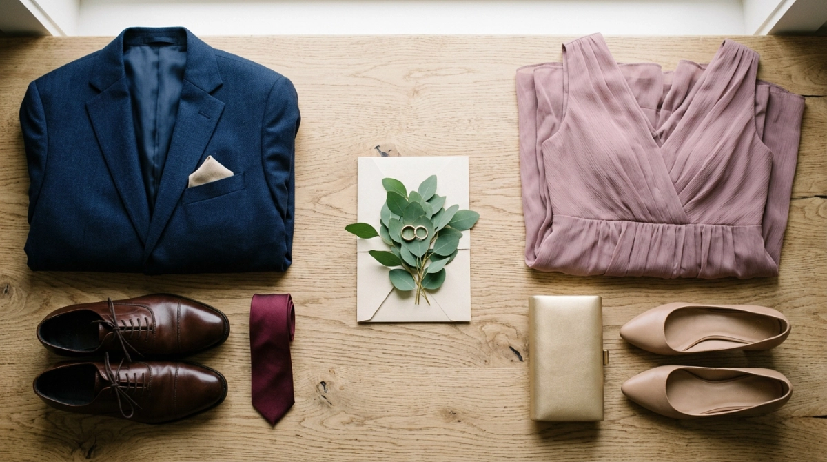 Flatlay con traje azul marino, zapatos Oxford, vestido midi malva y clutch dorado como opciones de dress code para boda en iglesia