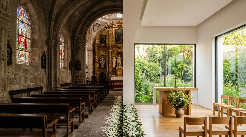 Comparación visual entre interior de iglesia colonial mexicana con vitrales y capilla privada moderna con jardín y luz natural para boda