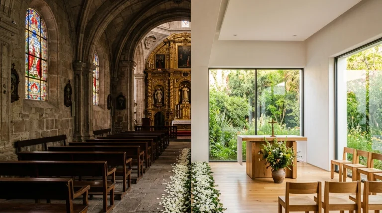 Comparación visual entre interior de iglesia colonial mexicana con vitrales y capilla privada moderna con jardín y luz natural para boda
