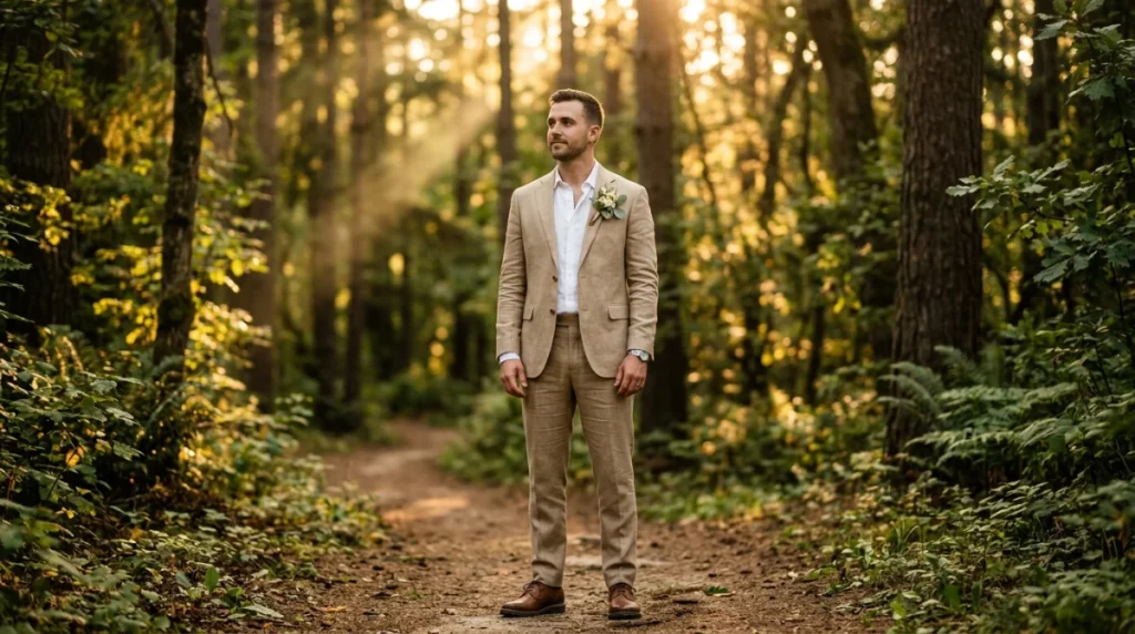 Elegant groom in a beige linen suit and a floral boutonnière on a forest path bathed in golden light