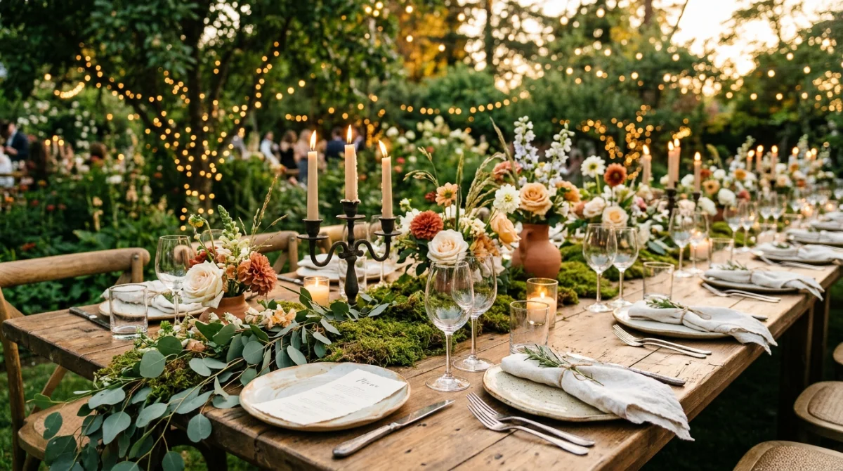 Mesa de boda de madera sin mantel con decoración botánica natural, velas y cerámica artesanal en jardín al atardecer