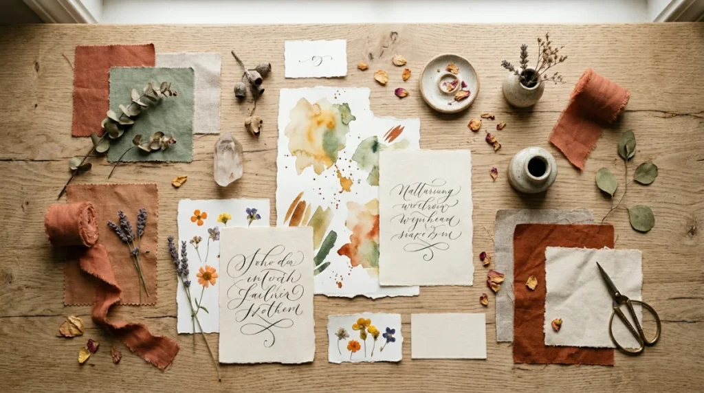Flatlay con muestras de tela, flores secas, papeles y elementos artesanales para planificar la temática de una boda