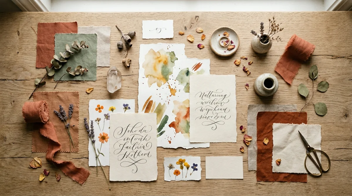 Flatlay con muestras de tela, flores secas, papeles y elementos artesanales para planificar la temática de una boda