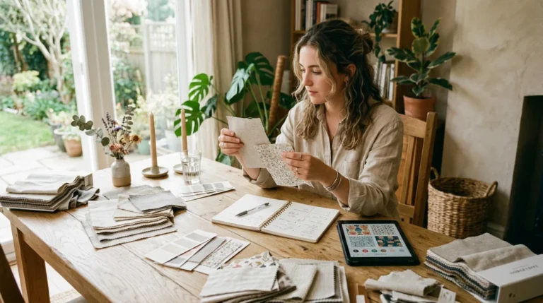 Mujer planificando los detalles de su boda de forma autónoma con muestras, cuaderno y tablet sobre mesa de madera