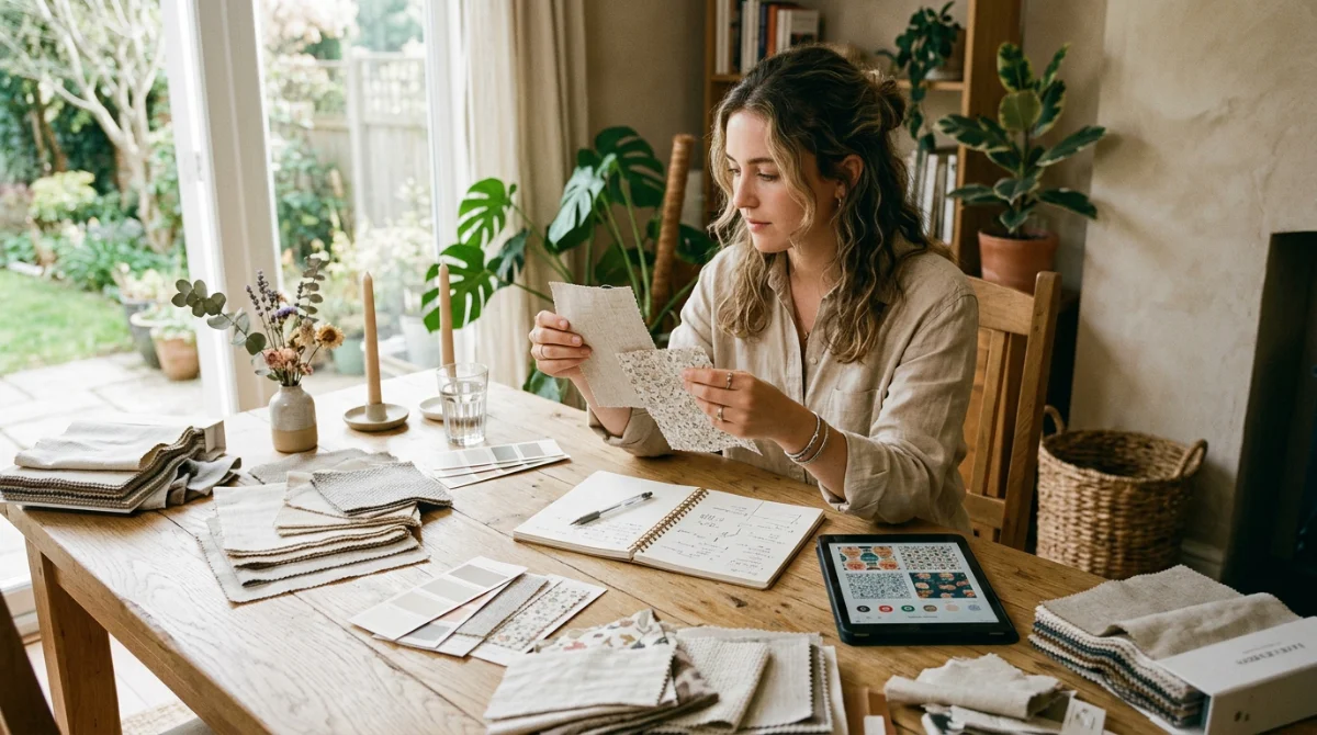 Woman planning her wedding details on her own with fabric swatches, a notebook, and a tablet on a wooden table