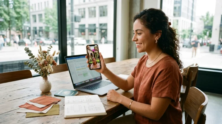 Latina woman coordinating her wedding in Mexico via video call from her home in the United States, with fabric swatches and a planning notebook