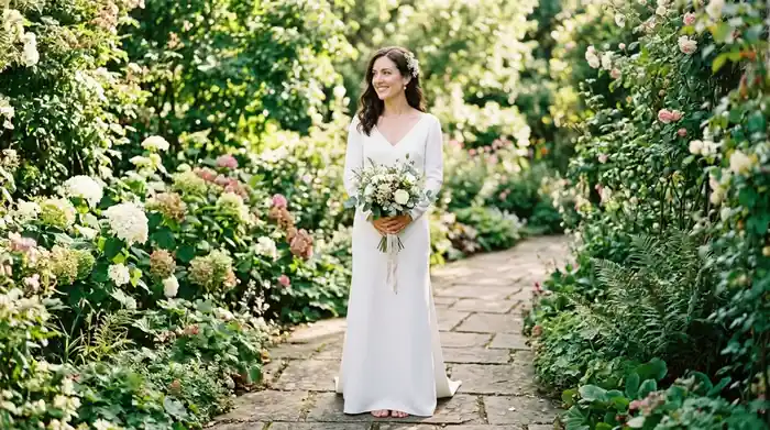 Smiling bride in a minimalist white wedding dress in a naturally lit garden