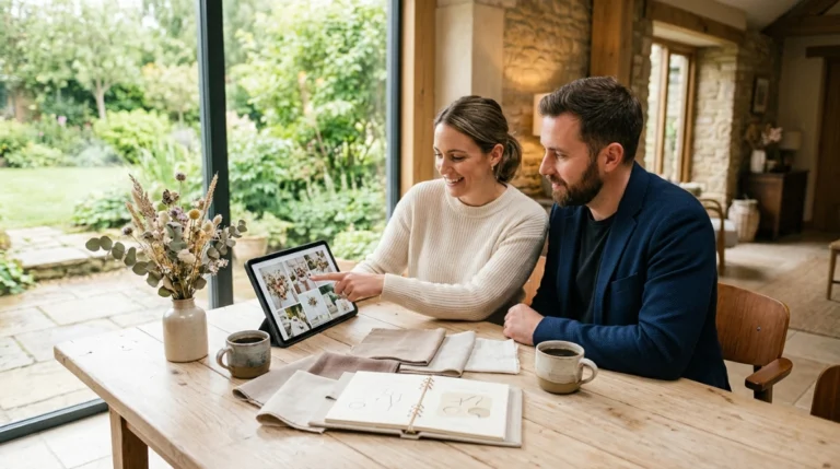Pareja de novios revisando propuesta de paquete de boda todo incluido sobre mesa con muestras de decoración y tablet en venue con jardín al fondo