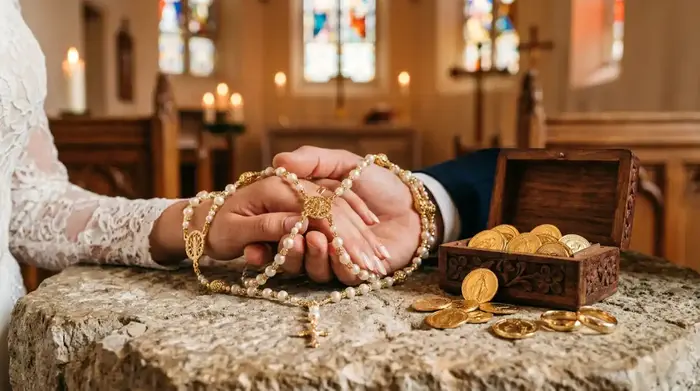 Couple receiving arras, lazo and rings during a religious ceremony in a chapel lit by natural light