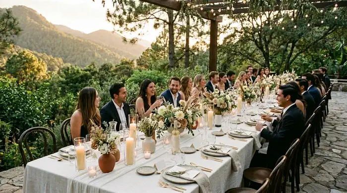Mesa íntima de boda elegante decorada con velas y flores de temporada en un jardín de montaña