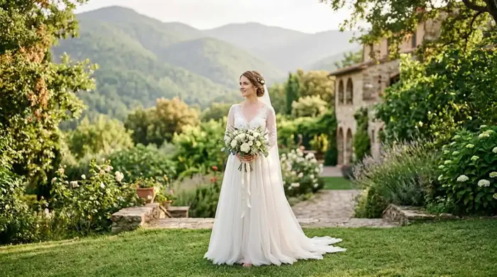 A-line wedding dress in outdoor garden with mountains in the background