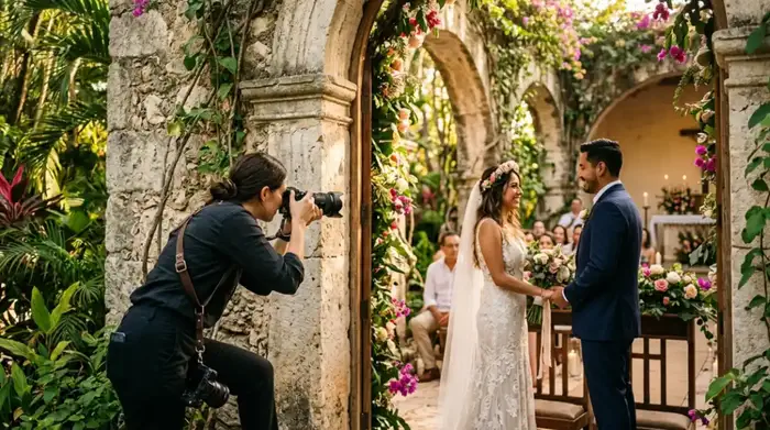 Fotógrafo profesional capturando el momento de la ceremonia en un jardín con capilla de piedra en el Estado de México