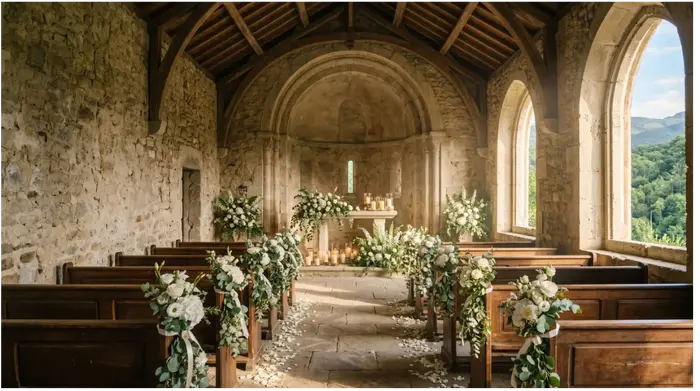 Capilla privada con decoración floral para una ceremonia religiosa en boda destino en México