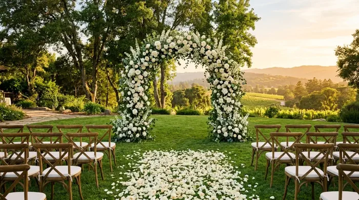 Decoración floral para boda con arco de flores blancas y rosas en jardín de venue exclusivo en México