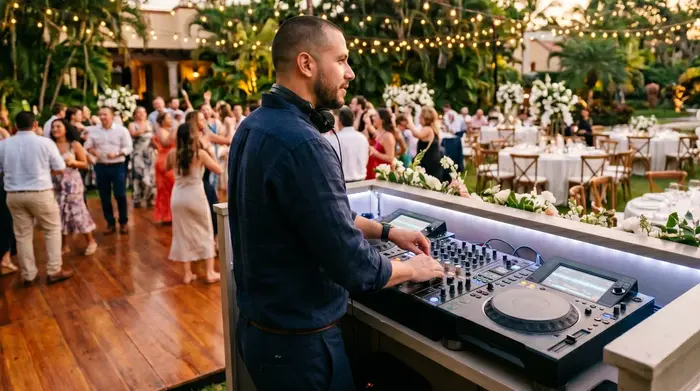 DJ profesional configurando equipo de sonido en venue de boda al aire libre en México