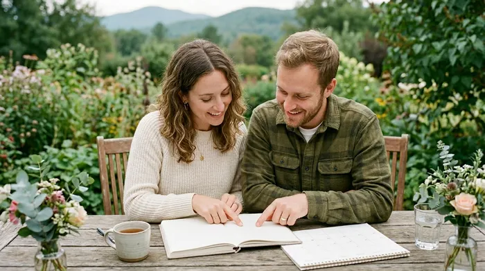 A couple calmly reviewing a wedding plan together, symbolizing how to avoid common planning mistakes