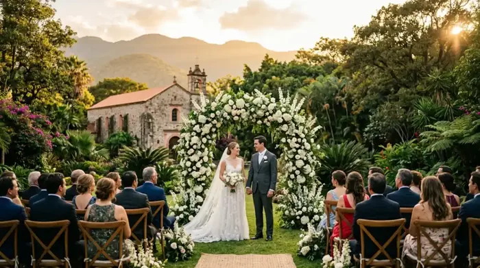 Pareja de novios durante una ceremonia al aire libre en un venue con jardines y montañas al fondo