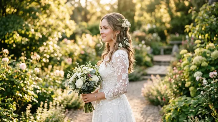 Bride with glowing makeup and half-up hairstyle in a garden with white flowers