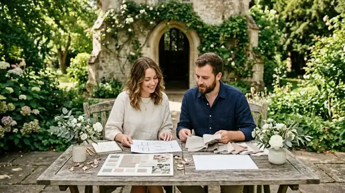 Couple reviewing wedding package options in front of an exclusive venue garden in Mexico