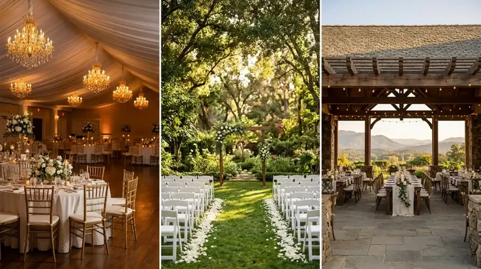 Visual comparison between indoor wedding hall, outdoor garden and covered venue in Mexico