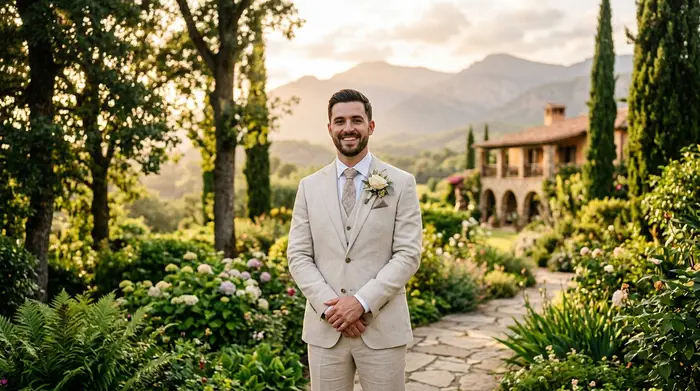 Novio con traje de novio elegante en jardín de hacienda rodeado de naturaleza