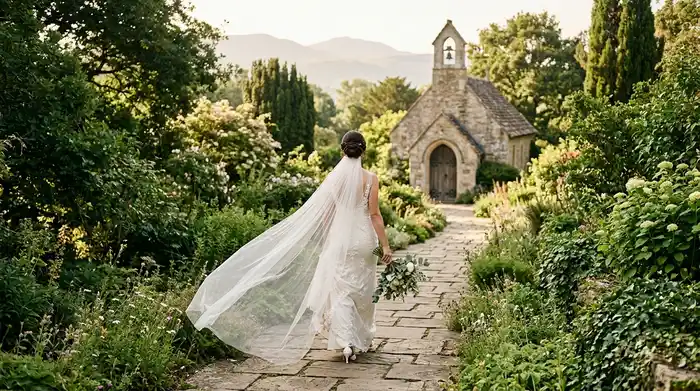 Novia con velo largo de tul caminando hacia una capilla rodeada de jardines