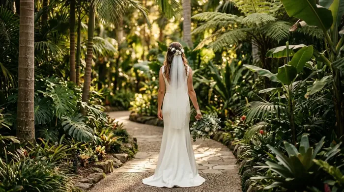 Bride wearing a minimalist 2026 wedding dress in a natural garden during an outdoor ceremony in Mexico