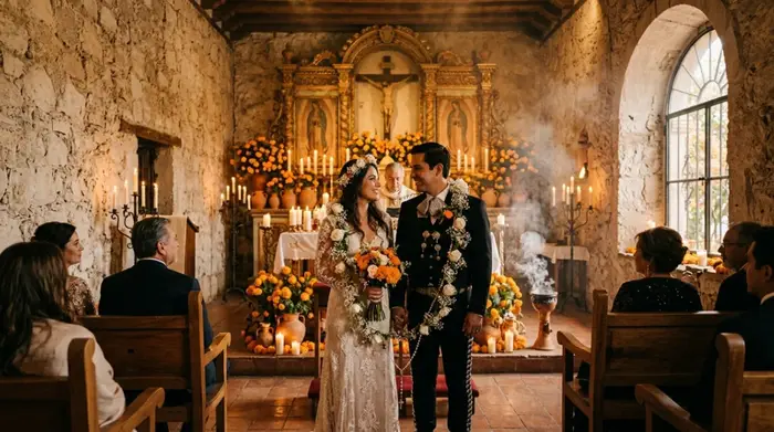 Couple performing the bridal lasso ritual in a chapel with flowers and lit candles during their wedding in Mexico