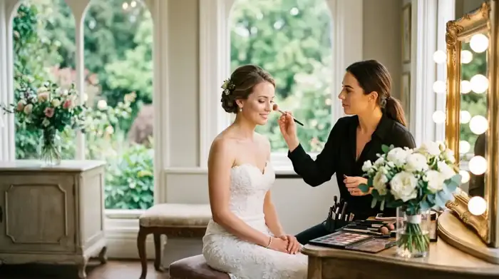 Professional makeup artist applying bridal makeup to bride in a Mexican hacienda surrounded by gardens