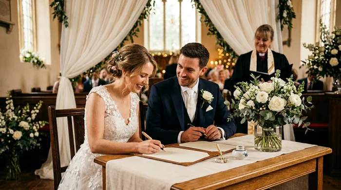 Pareja firmando documentos de matrimonio civil en México con elementos decorativos de boda al fondo