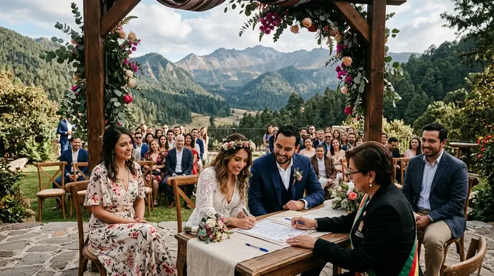 Couple signing their civil marriage certificate outdoors at a venue surrounded by nature