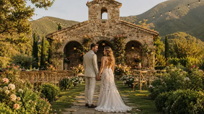 Pareja en ceremonia simbólica frente a capilla de piedra rodeada de jardines en Malinalco