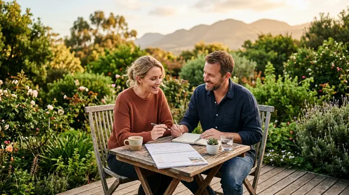 Pareja revisando un calendario de boda junto a jardines y montañas al fondo