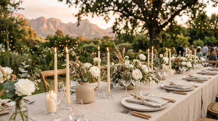 Mesa de boda estilo aesthetic con paleta neutra, velas y flores naturales en jardín