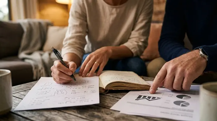 Couple reviewing their wedding budget with documents