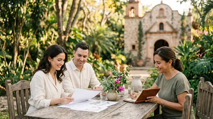 Pareja revisando contrato con proveedor de boda en jardín de venue en México